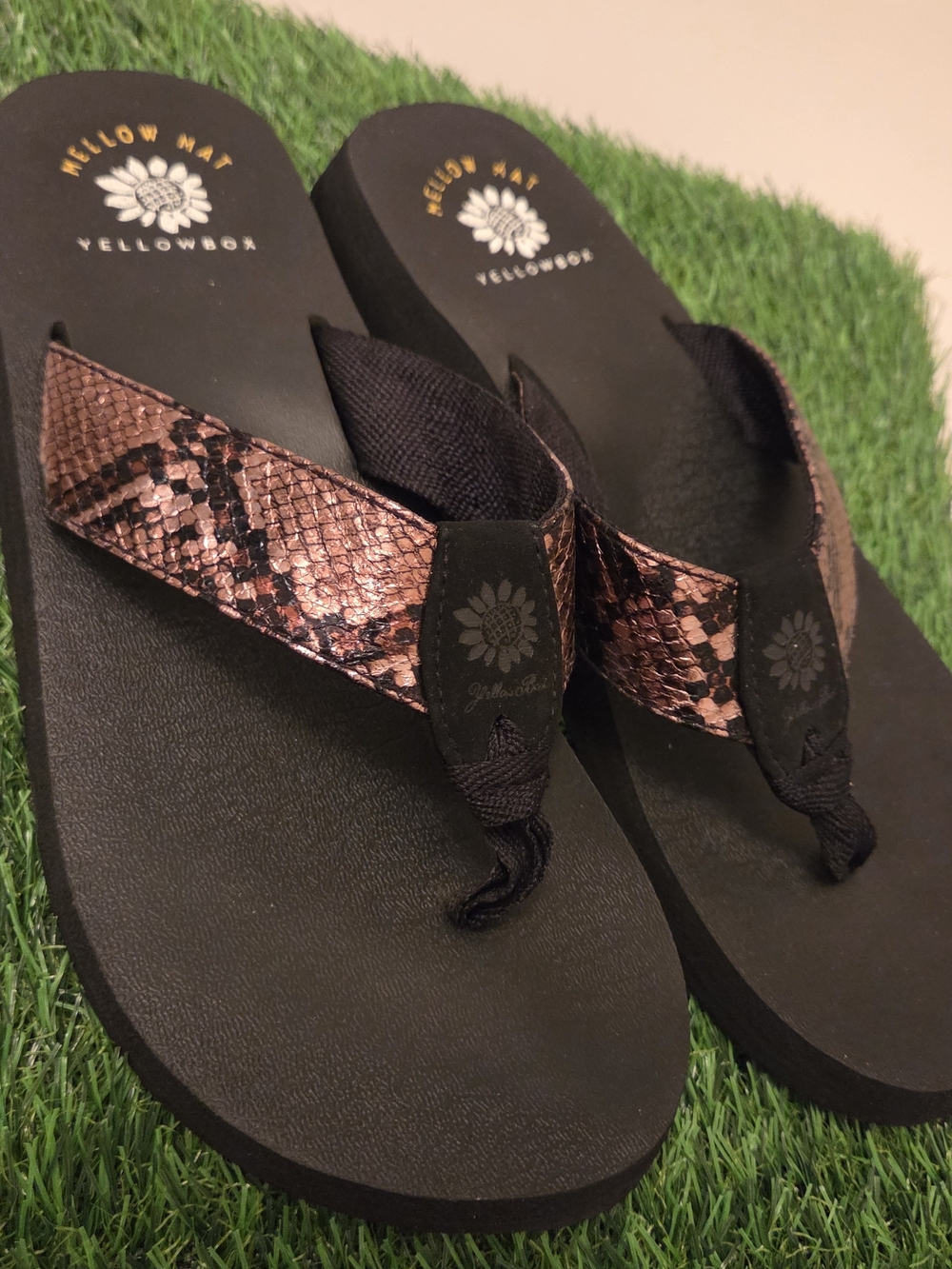 Yellow Box Women's Rose Gold Snake-Print Flip Flop Sandals